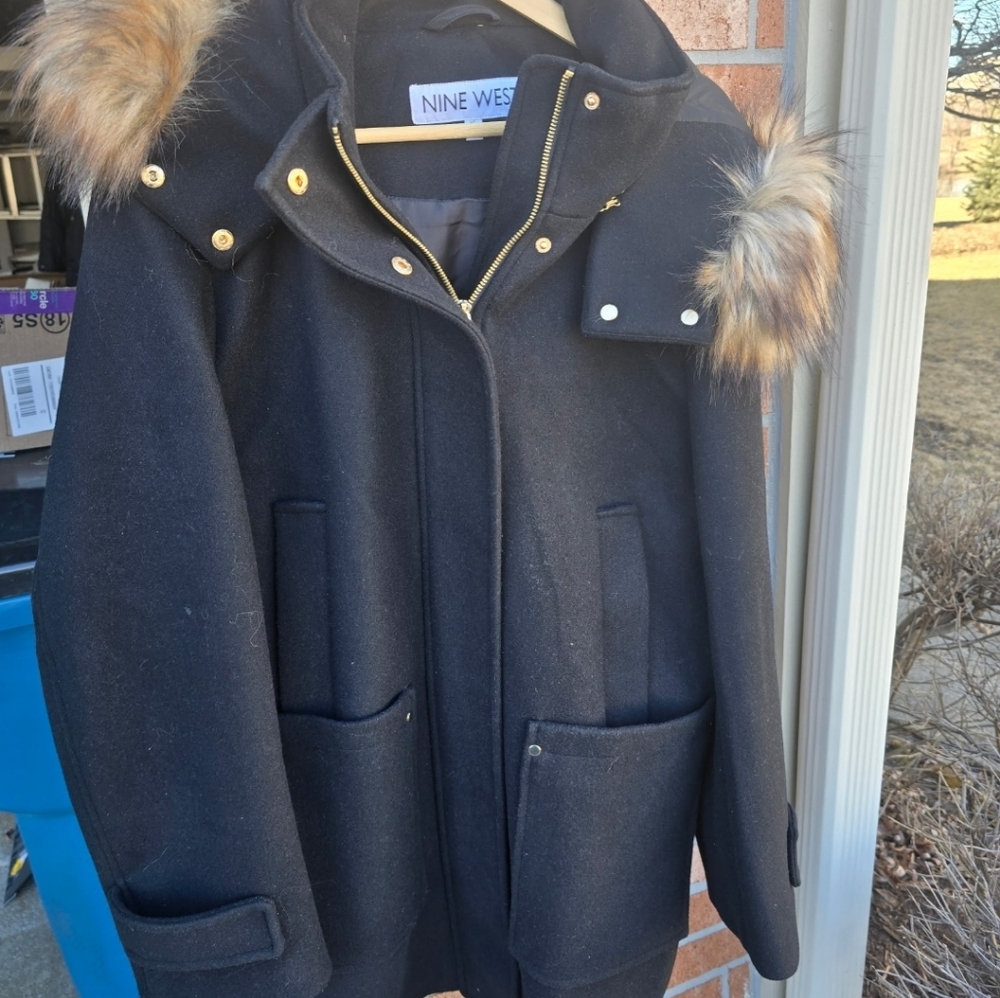 Nine West Womens Wool Coat W/fur Removable Hood